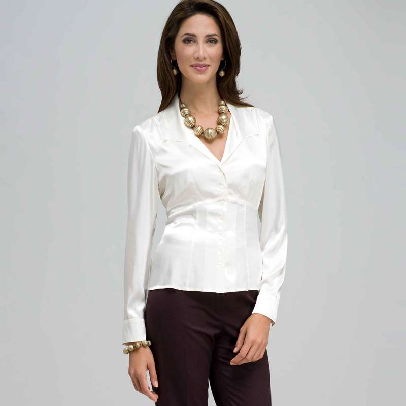 Long Sleeve Seamed Button Front Shirt, Ivory, large